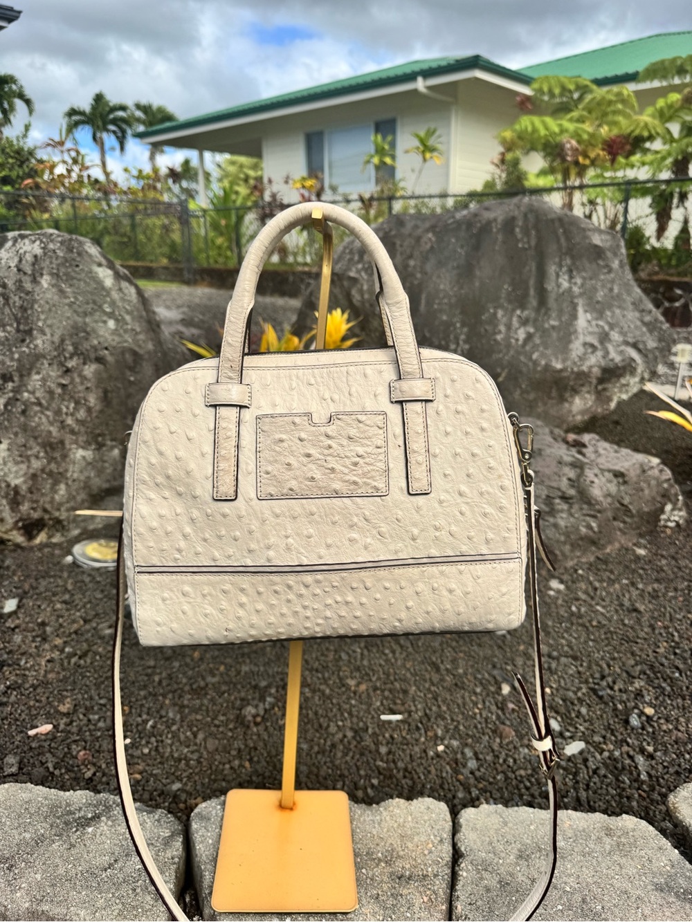 Kate Spade New York Ostrich Embossed Leather Satchel Crossbody Ivory Cream 2015 - Picture 3 of 12